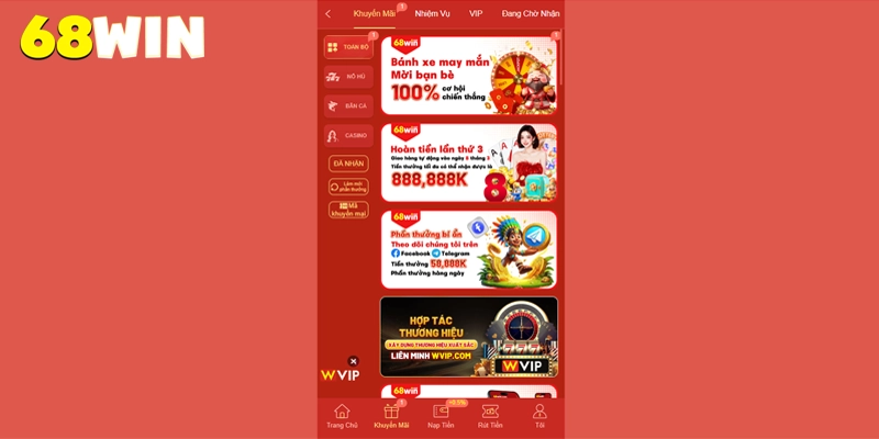 Sự kiện khuyến mãi VIP 68win nhận thưởng lớn
