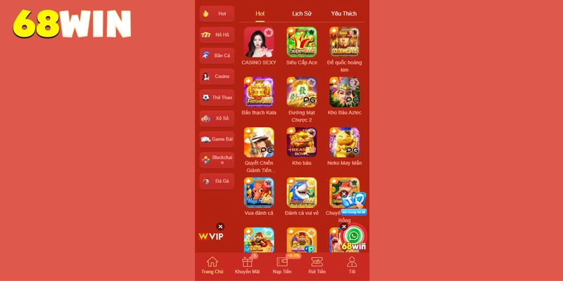 Tận hưởng kho game giải trí 68win đồ sộ hơn 3,000 loại